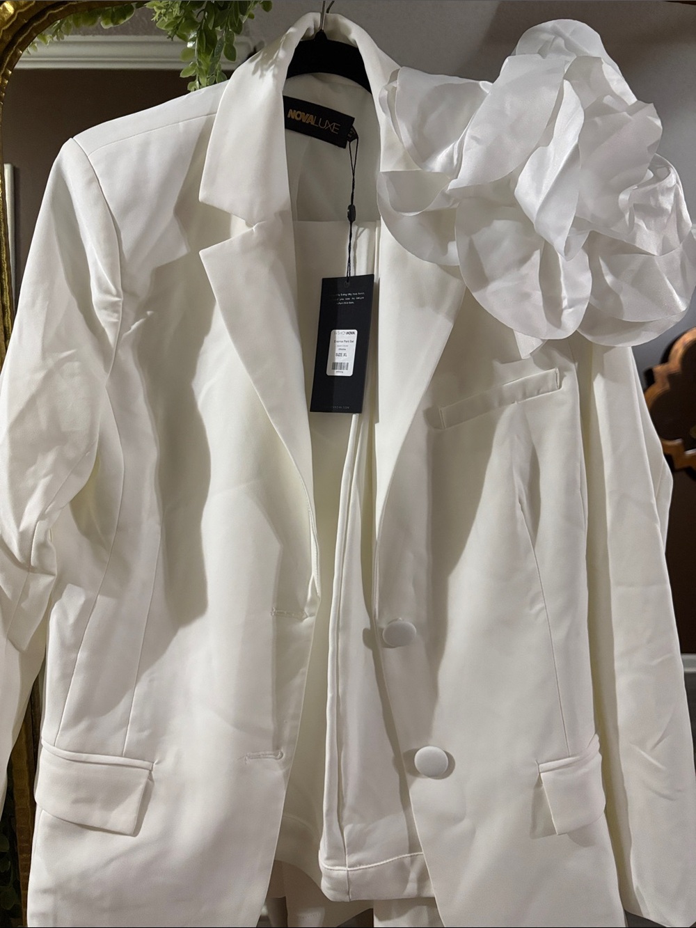 Fashion Nova White Satin Blazer with Statement Floral Accent